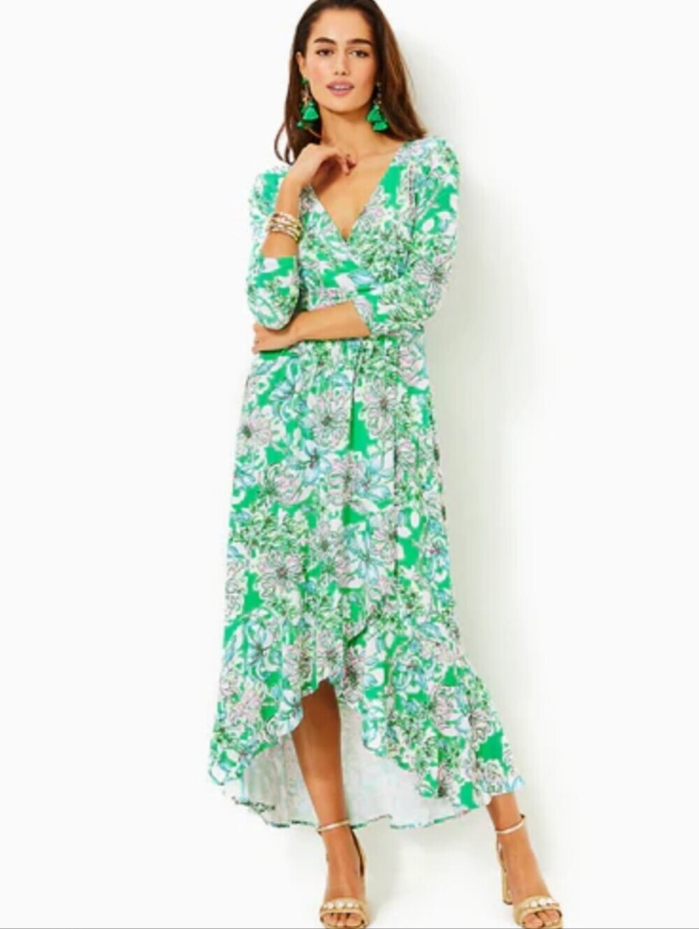 Lilly Pulitzer Women's Moana 3/4 Sleeve Maxi Dress Spearmint Blossom Small